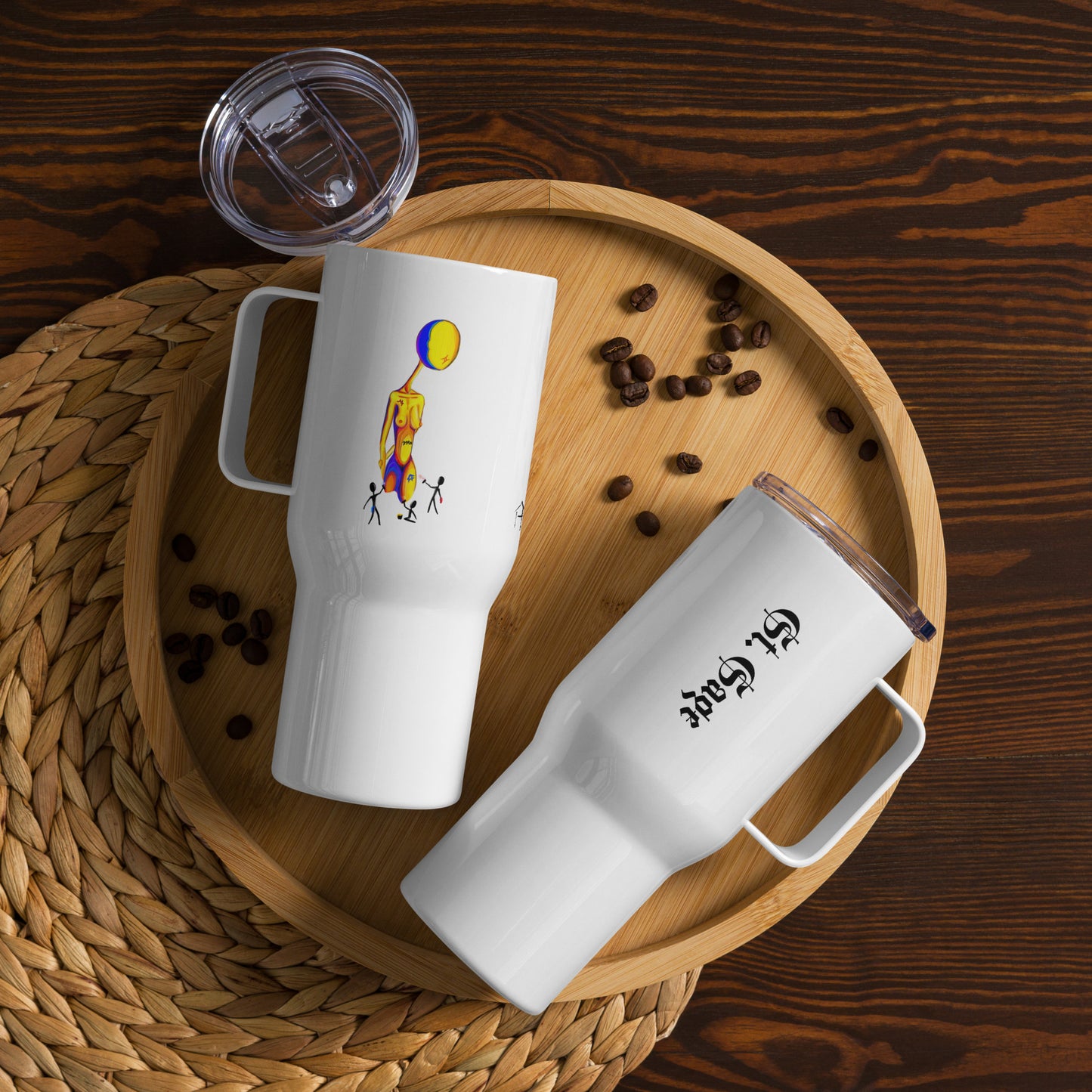 St. Sage travel mug with a handle